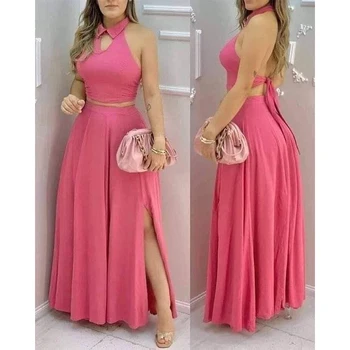 Blush Elegance Two-Piece Set – Halter Crop Top & High-Split Maxi Skirt