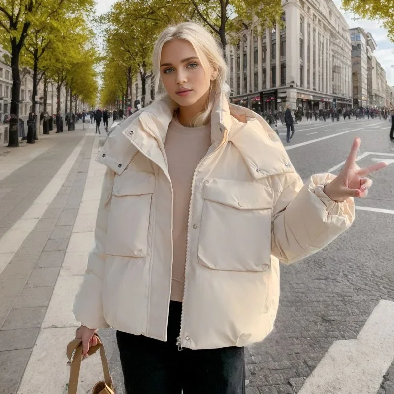 2023 Fashion Winter Beige Down Cotton Jacket Women Coat Black Hooded Streetwear Y2K Style Duck Down Feather Female Short Outwear