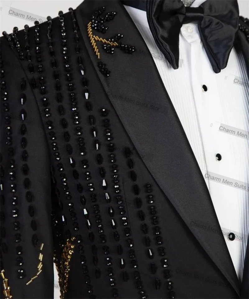 Golden Beaded Men Suits Set 2 Piece Blazer+Pants Custom Made Formal Jacket Trousers Luxury Business Groom Wedding Tuxedo Coat