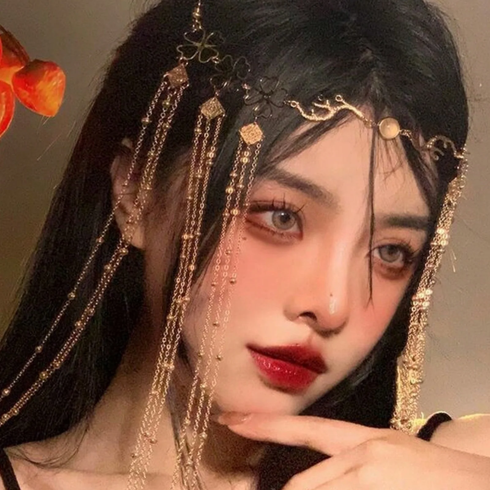 1PC Women's Gold Tassel Head Chain, Bohemian Winter Fall Hair Accessory, Vintage Floral Headpiece With Beaded Chains,Parties