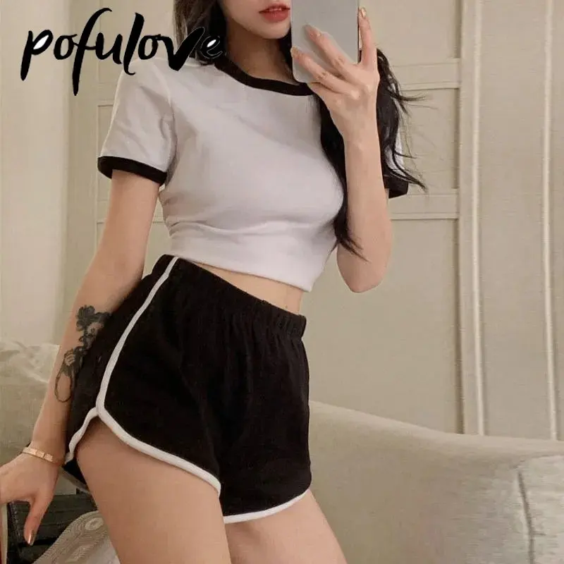 

Повседневный комплект, женский летний короткий комплект из футболки и шортов, тонкий спортивный костюм, облегающий короткий топ с коротким рукавом, сексуальный комплект из двух предметов с шортами