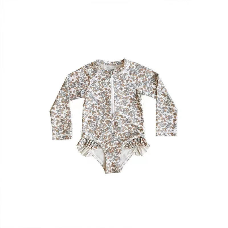 Flower Print Swimming Wear for Little Girls, Long Sleeved Swimsuits, UPF 50 + Sun Protection, High Quality