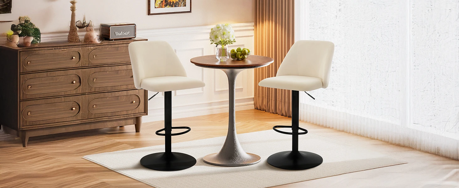 Beige bar chairs with small round table
