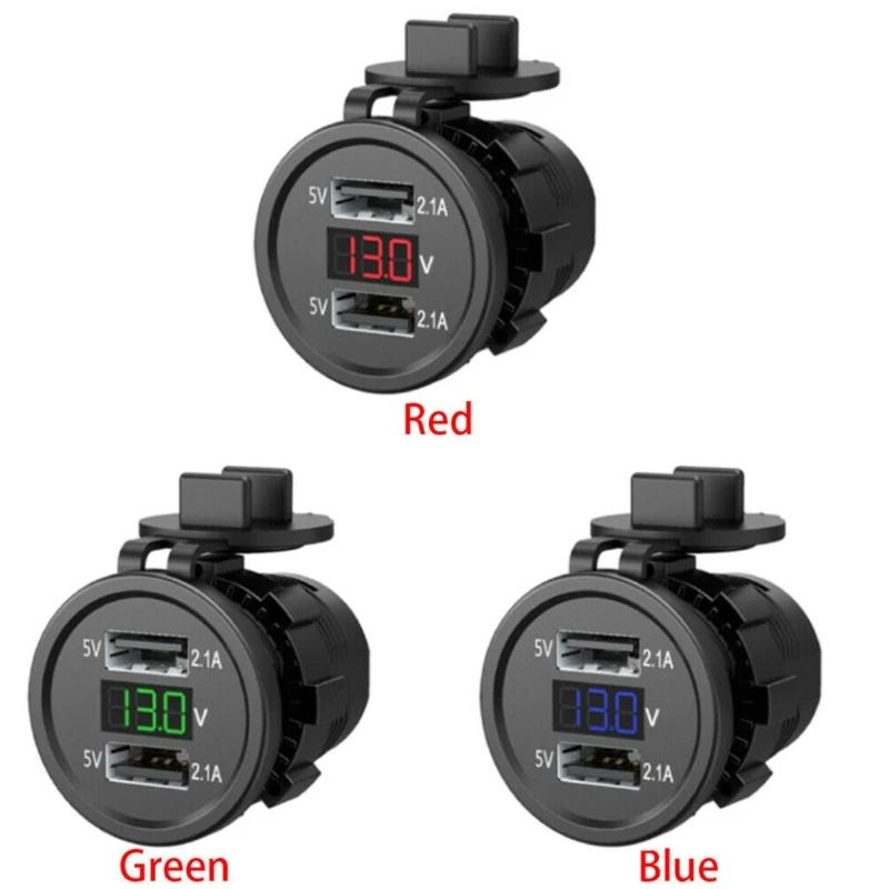 5V 2.1A Waterproof 2 Ports USB Charger Socket Adapter Power Outlet with Voltage Display Voltmeter for 12-24V Car Boat Motorcycle