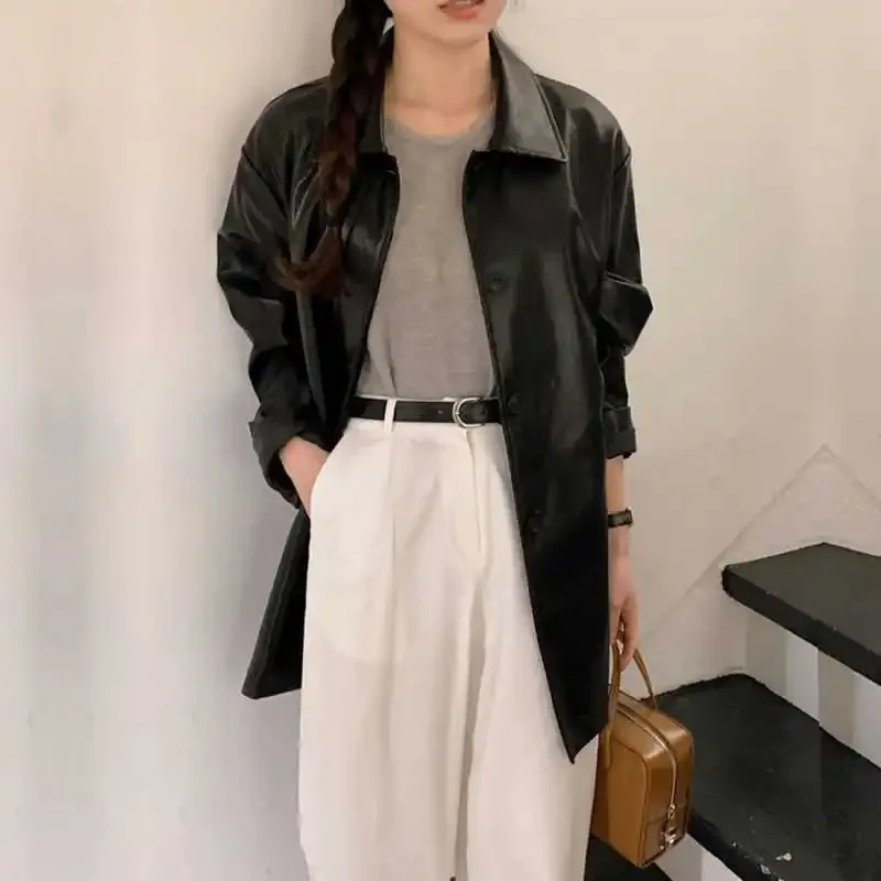 Simplified Collar Single Button Black Leather Jacket Women's Autumn Loose Casual Leather Windbreaker Coat plus Size