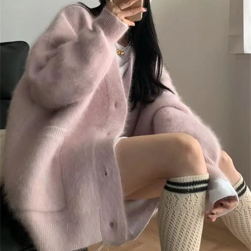 여성용 밍크 캐시미어 핑크 가디건, 빈티지 스웨터, 싱글 브레스트 니트 V넥 오버사이즈 코트, 부드러운 모헤어 O405, 가을 겨울