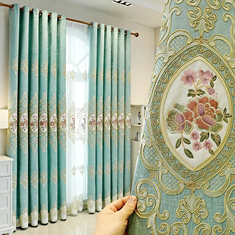 

European Luxury Chenille Gold Thread Flower Blackout Embroidery American Curtains for Living Dining room Bedroom Tulle Custom