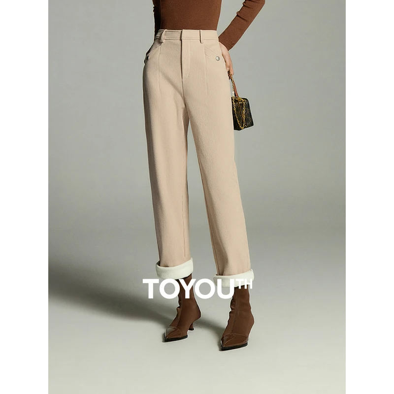 

Toyouth Women Corduroy Plush Pants 2023 Winter High Waist Straight Loose Wide-leg Trousers Elegant Official Apricot Coffee Pant