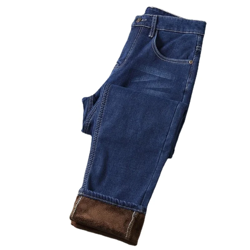 

2022 New Brand Winter Warm Flocking Denim Soft Men Activities Fleece Line Men Jeans Black Blue Colors