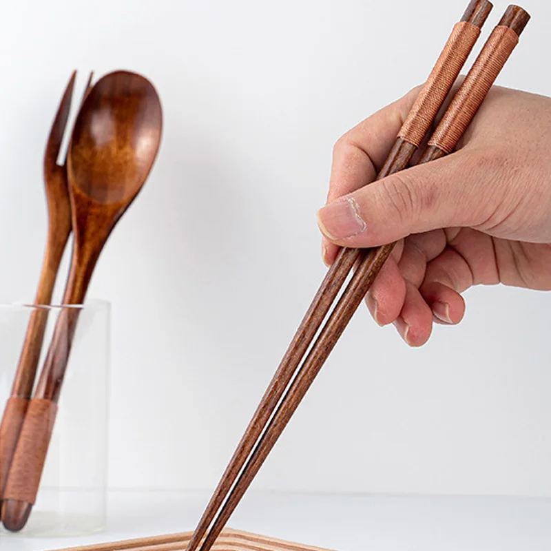 Japanese Style Natural Wooden Cutlery Set Durable Bamboo Fork Spoons Chopsticks Tableware Portable Dinnerware Kitchen Utensil