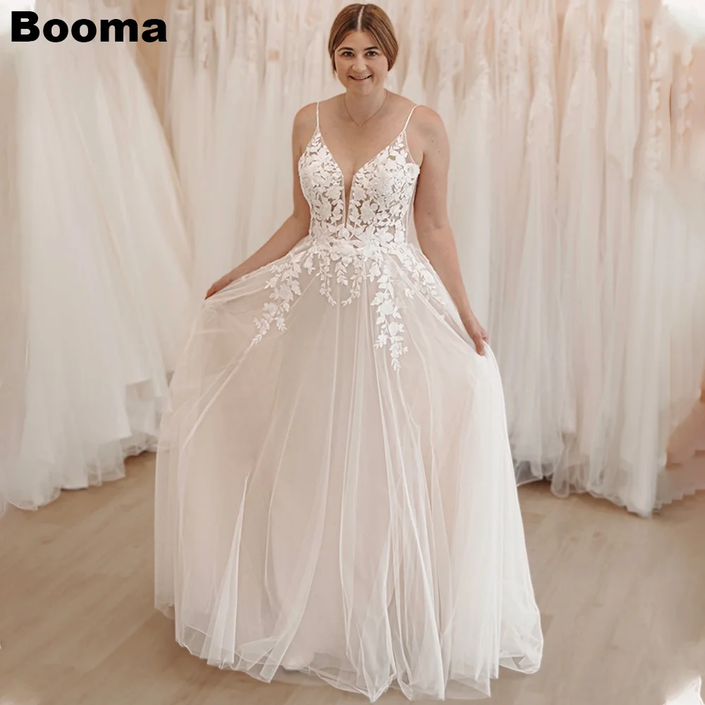 

Booma Свадебные платья трапециевидной формы в стиле бохо с аппликацией, тюлевое вечернее платье без рукавов для женщин, свадебное платье с открытой спиной свадебное платье