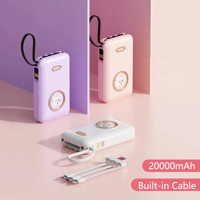 Mini Power Bank 20000Mah Cavo Integrato Caricabatterie Portatile Batteria Esterna Power Bank Per Iphone 14 Xiaomi Samsung Powerbank