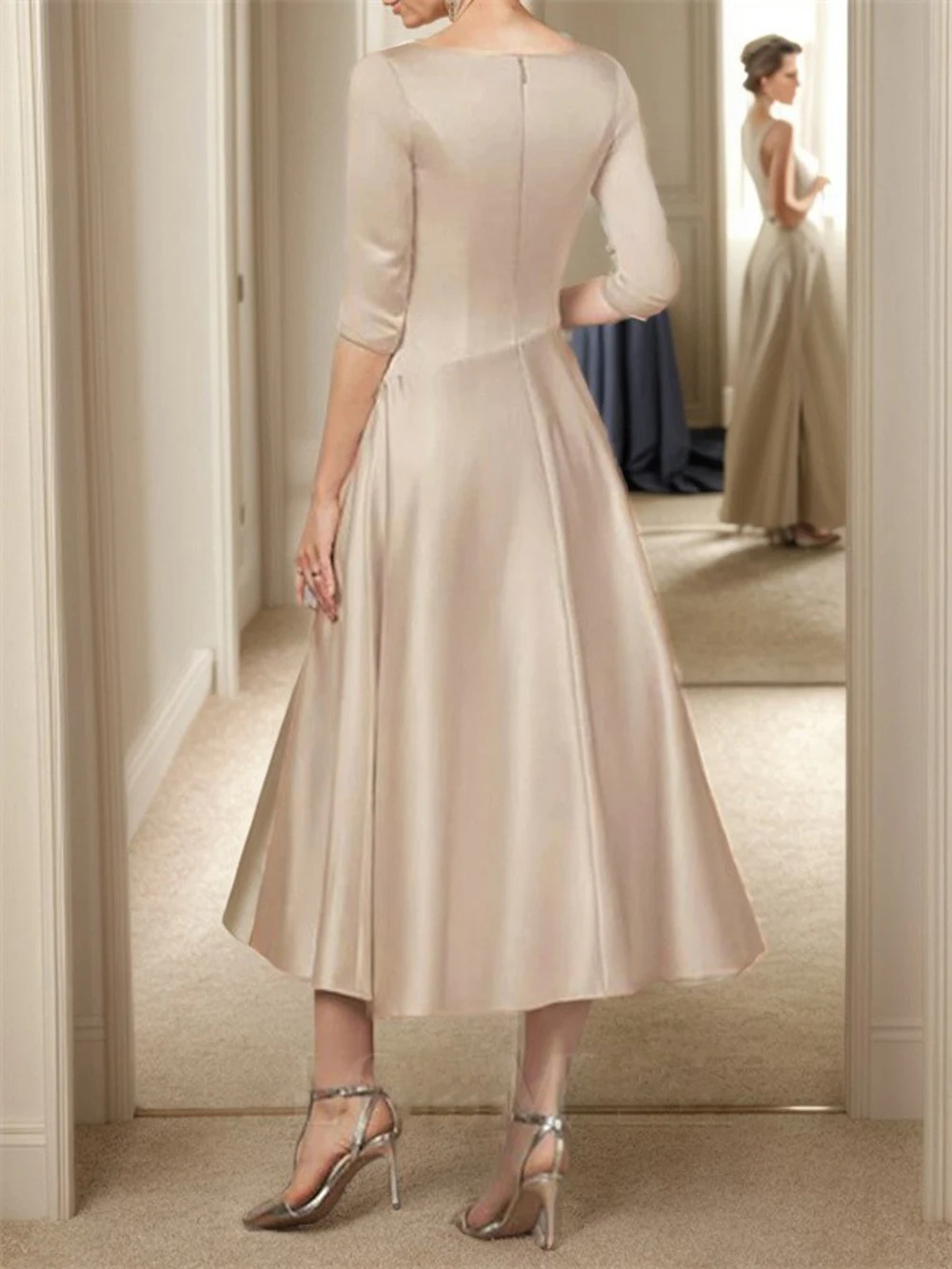 Elegant A Line Satin Mother Of The Bride Dresses V Neck Ruched Pleat Formal Evening 3/4 Sleeve Ankle Length Wedding Guest Gown mother bride dresses