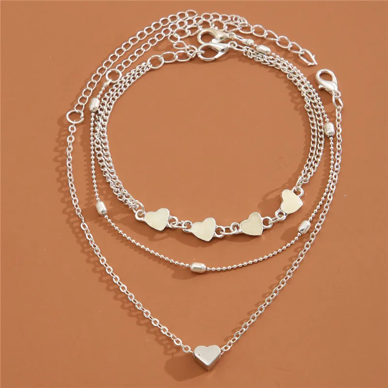 Silver Anklet Bracelet Ankle Chains Beads Anklet Simple Heart Female Anklets Barefoot Crochet Sandals Foot Jewelry Leg Anklets On Foot Ankle Bracelets For Women Leg Chain