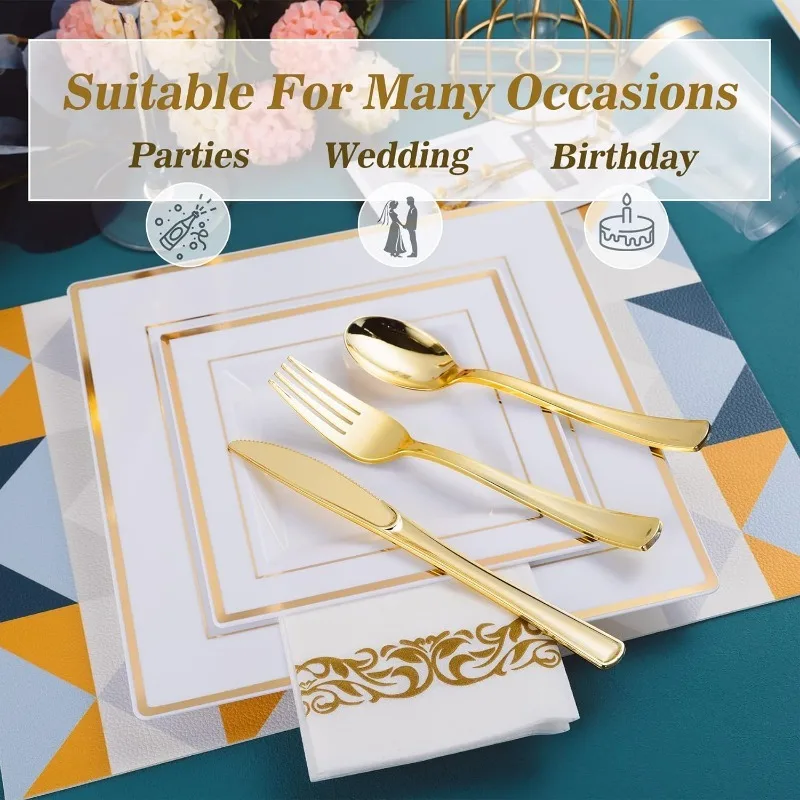 50 Guest Dinnerware Set-Square Plastic Plates, Plastic Forks, Spoons, Knives, Cups，Napkins-Disposable Dinnerware Set for Wedding