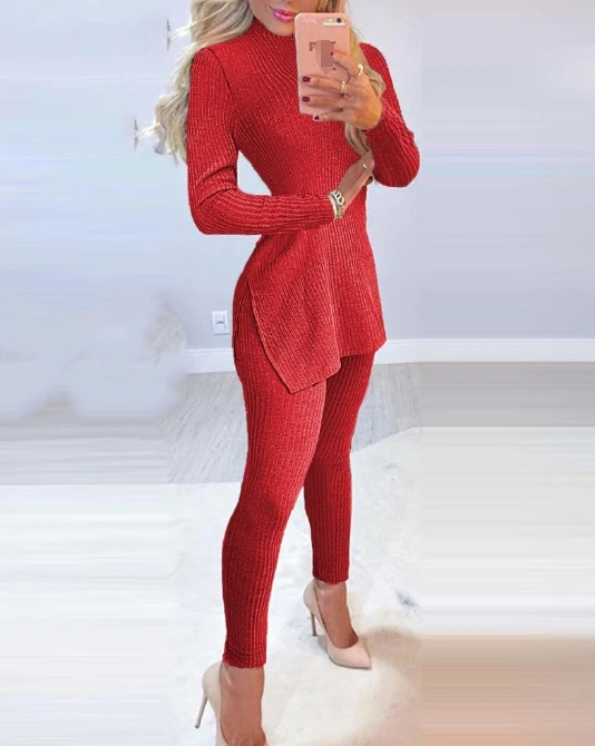 Women's Two-piece pants set 2024 Autumn Round Neck Long Sleeve Slit High Neck Knit pullover skinny pencil pants Pajamas Set