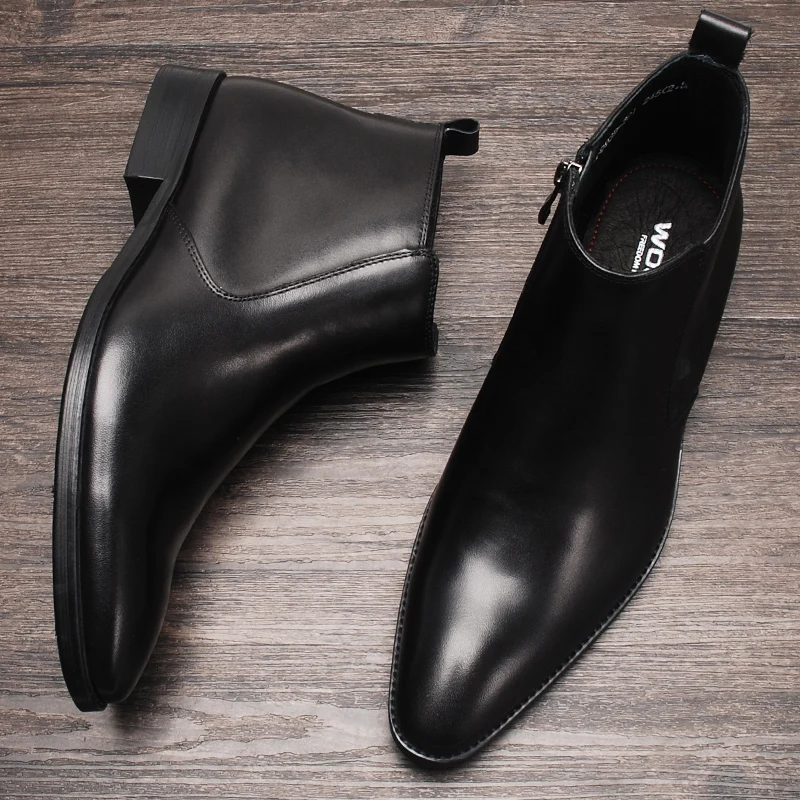 

Luxury Men Genuine Leather Ankle Boots Black Brown Leather Dress Boots Men Zipper Formal Pointy Chelsea Boots 2022 Men