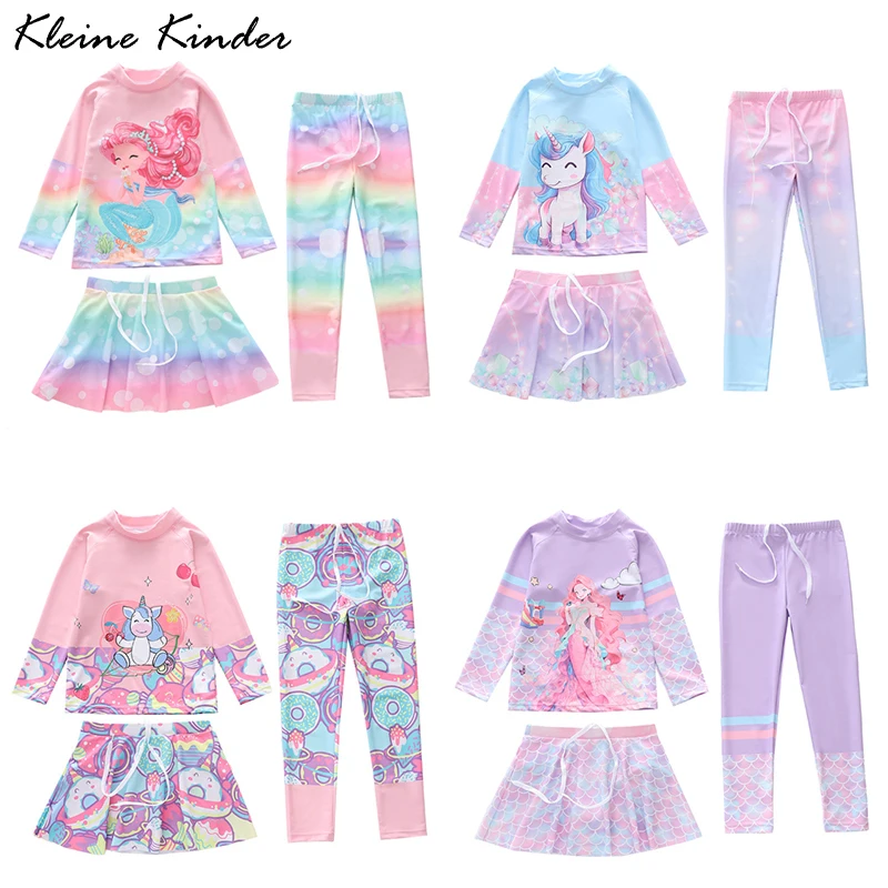 여아용 긴 소매 래시가드 서핑 바지 세트, 자외선 차단 수영복, 인어 수영 세트, 3 개