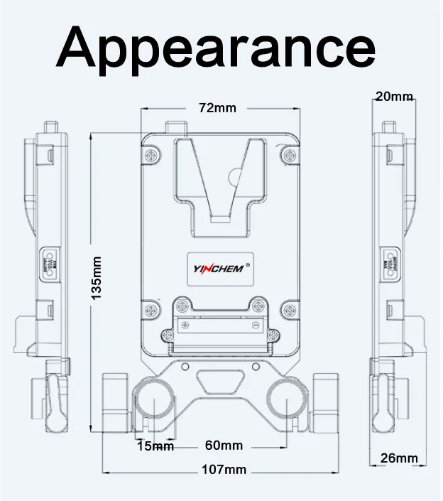 - YC-AC13S 15mm Rod Clamp V Mount Battery Plate Resistive load output 12V/2A 8.1