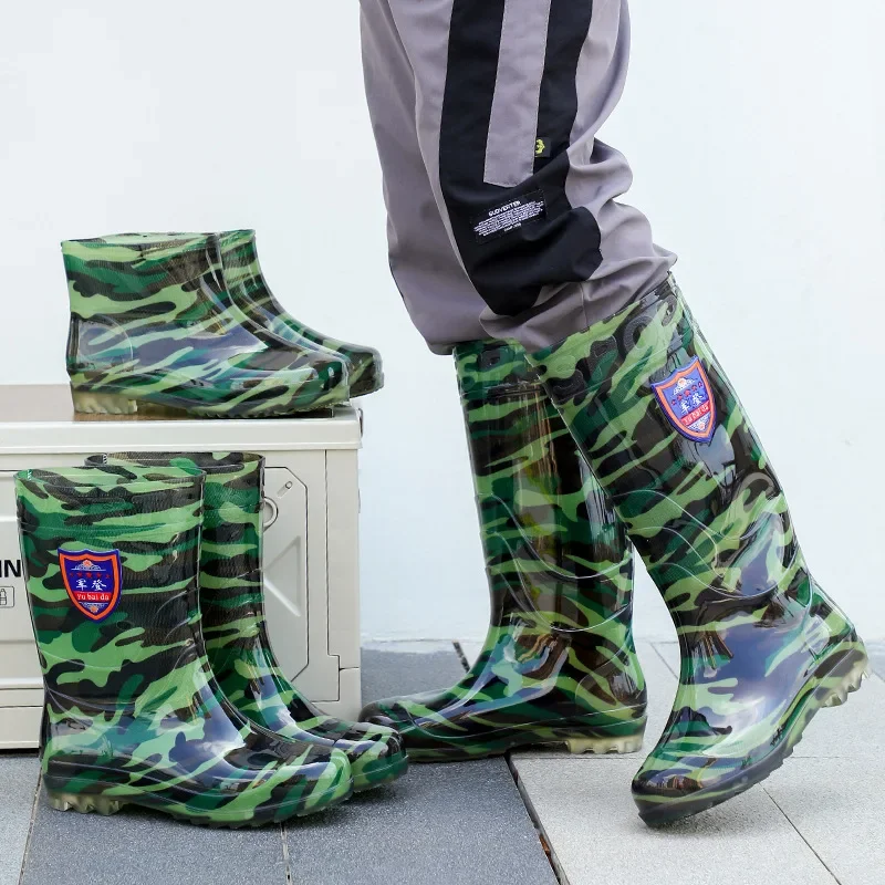 Bottes de pluie camouflage homme haut tube sécurité cuisine travail PVC genou adulte talon bas matériau tube