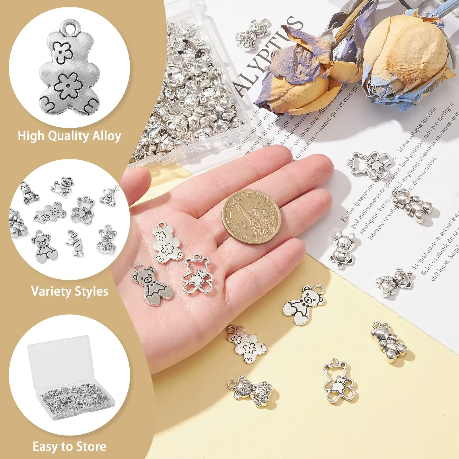 100Pcs 10 Styles Tibetan Animal Bear Charms Antique Silver Cute Baby Toy Bear Charms for Jewelry Earrings Making Supplies