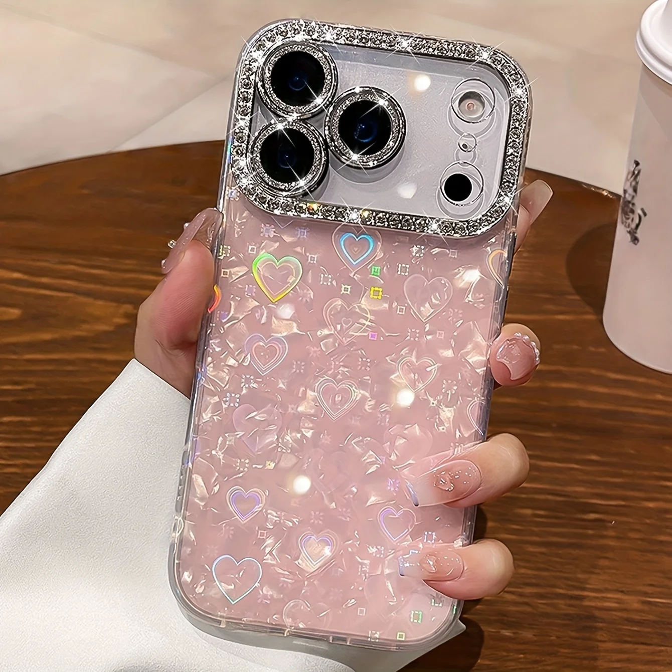 Elegante Glitzer-Kristall-Liebes-Laser-Shell-Muster-Telefonhülle für iPhone 17, Air 16, 15, 14, Plus, 13, 12, Pro Max, weiche Linsenfolie – Detail 6
