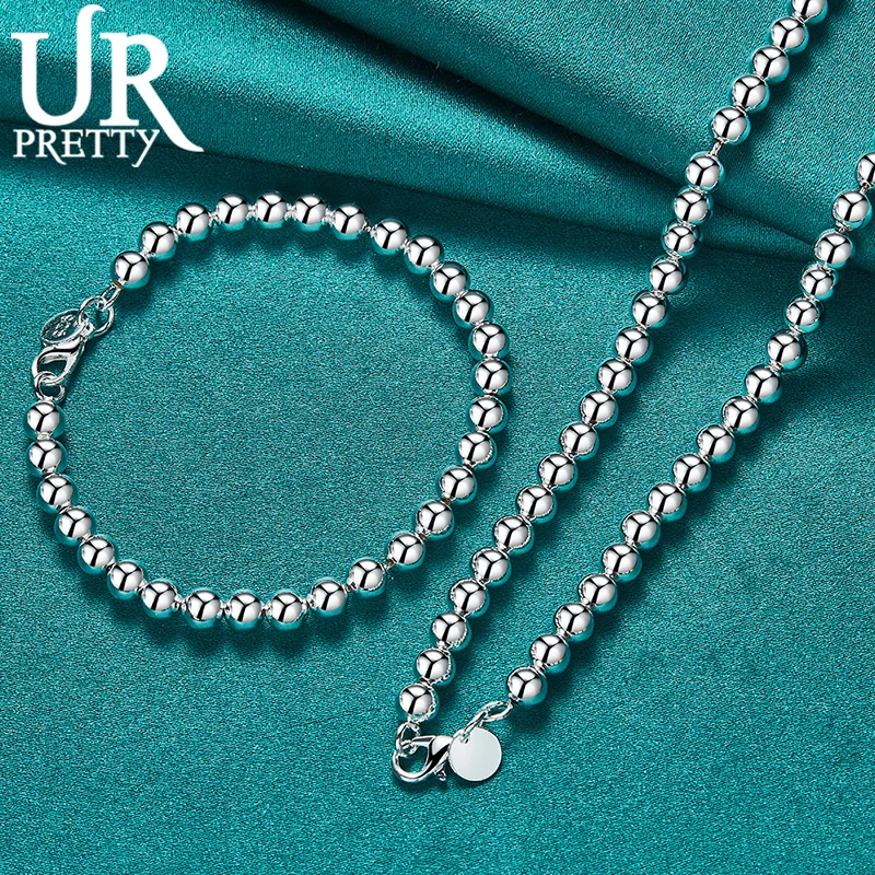 

925 Sterling Silver 6mm Beaded Bracelet Necklace Set Fashion Women's Party Birthday Wedding Charm Jewelry