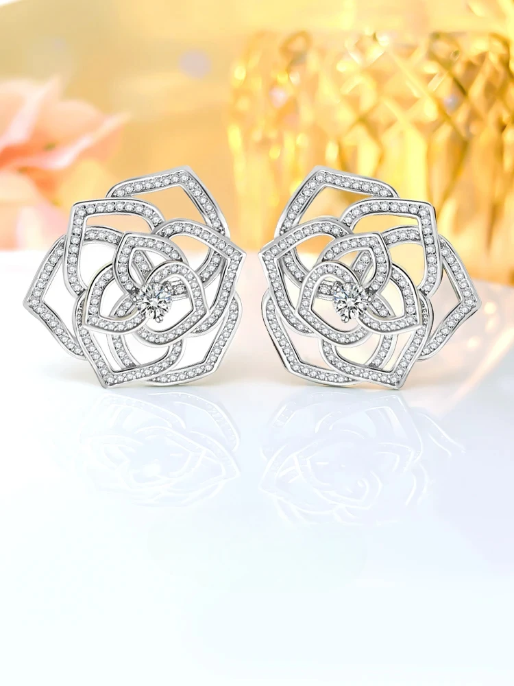 New Tea Flower Earrings 925 Sterling Silver Set with High Carbon Diamond Light Luxury Earrings Fashion Engagement Jewelry