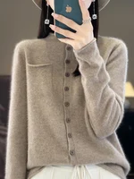 2024 New Fashion Women Sweater Spring 100% Pure Merino Wool Cardigan Ruffled-collar Jacket Female Clothing Grace Knitwear Tops 1