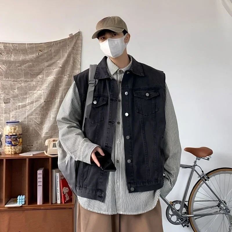 남성용 루즈 데님 재킷 2025 봄 스트리트웨어 트렌디 홍콩 스타일 조끼 캐주얼 ..