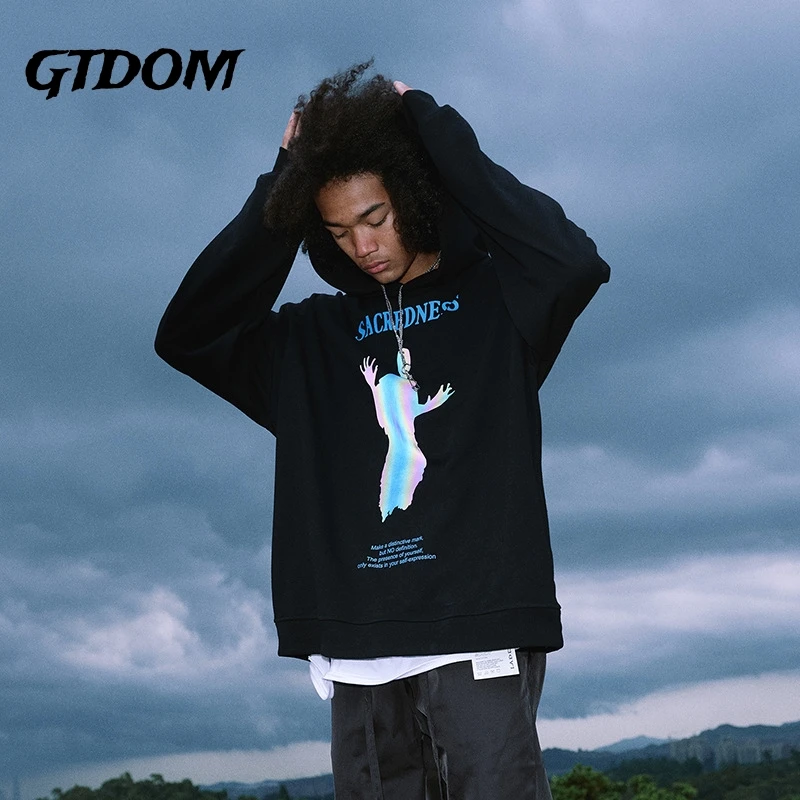 

Reflective Print Fleece Hooded Sweatshirts 2023 Spring Hoodies Streetwear Hip Hop Casual Punk Rock Top Men Sweatshirts