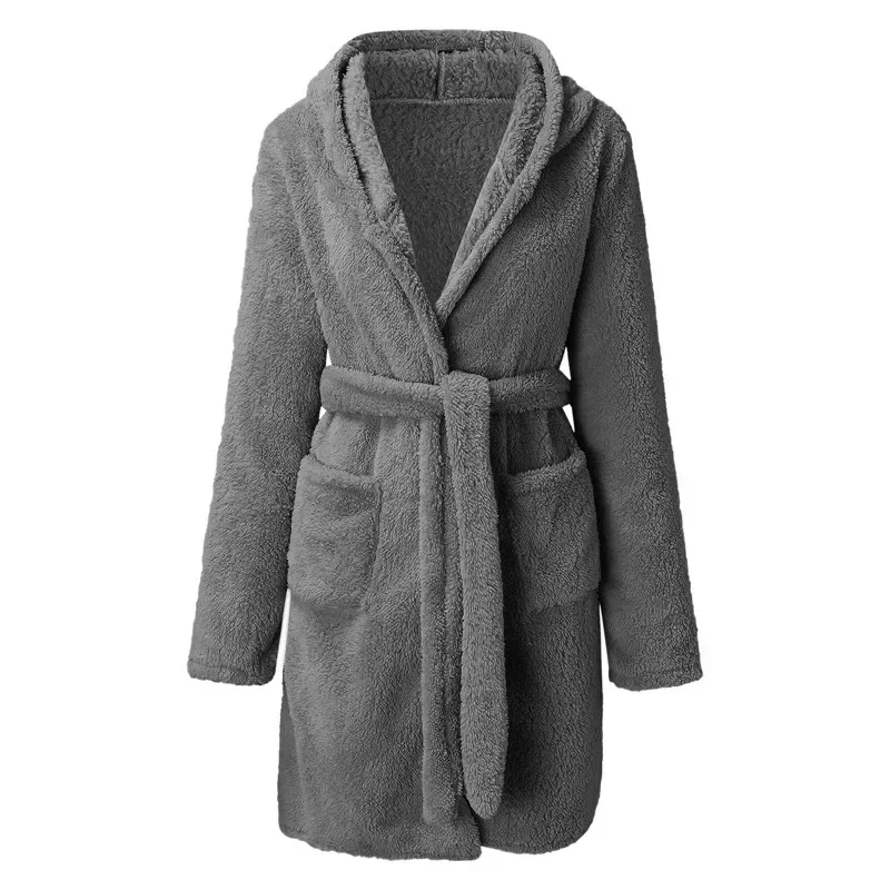 Women's solid hooded coral velvet warm robe bathrobe Robe pajamas