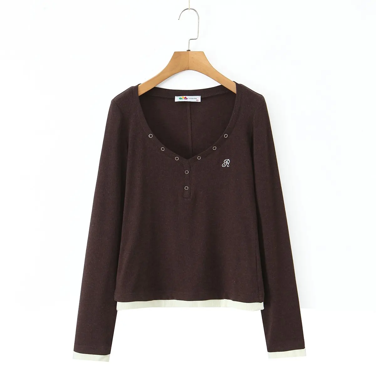 Premium American V-neck Fitted Knitted Fake Two Pieces Long Sleeved Tops Student Autumn XXXXL Fashion Plus Size Women's T-Shirt