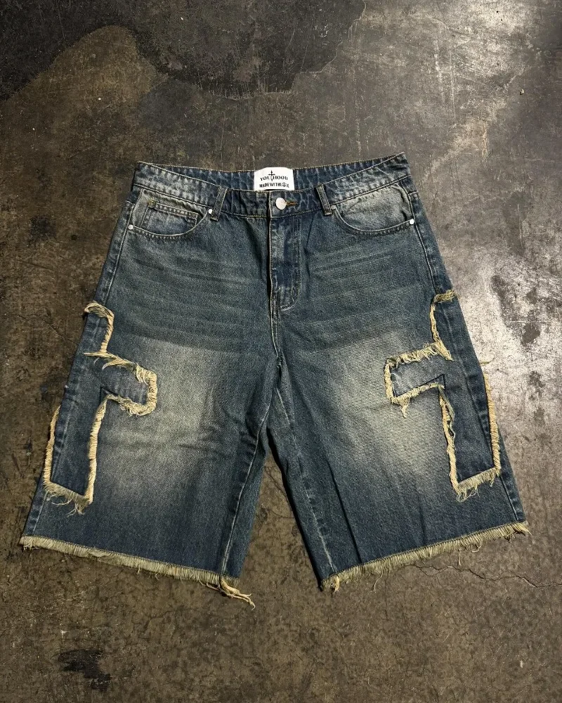 Cross raw edge embroidery design oversized y2k denim shorts mens summer street hip hop distressed washed sweatpants