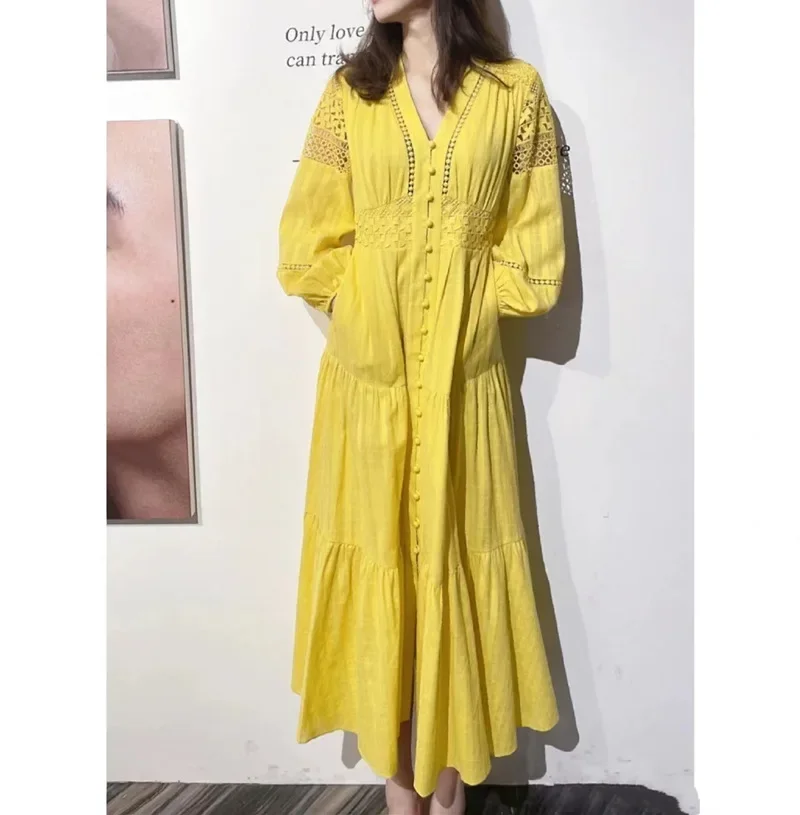 

Women Midi Dress Solid V-neck Single Breasted Casual Spring Summer Lace Stitching Lantern Sleeve Long Robes