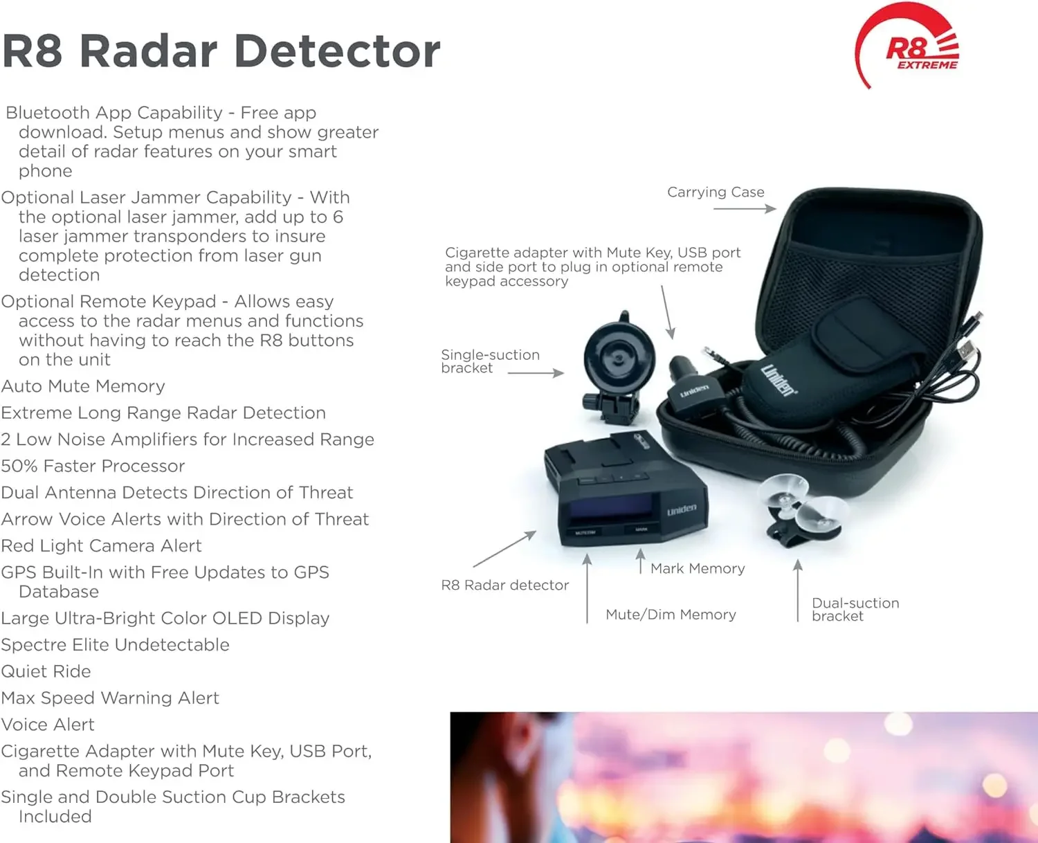 R8 Extreme Long-Range Radar/Laser Detector Dual-Antennas Front & Rear Detection Built-in GPS W/Real-Time Alerts