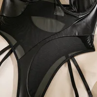 Combinaisons et Bodys pour femmes en cuir PU, style licou, à découpes, sans bretelles, gainants, patchwork, dos nu, transparents, sexy, avec détails de soutien-gorge découpés 6