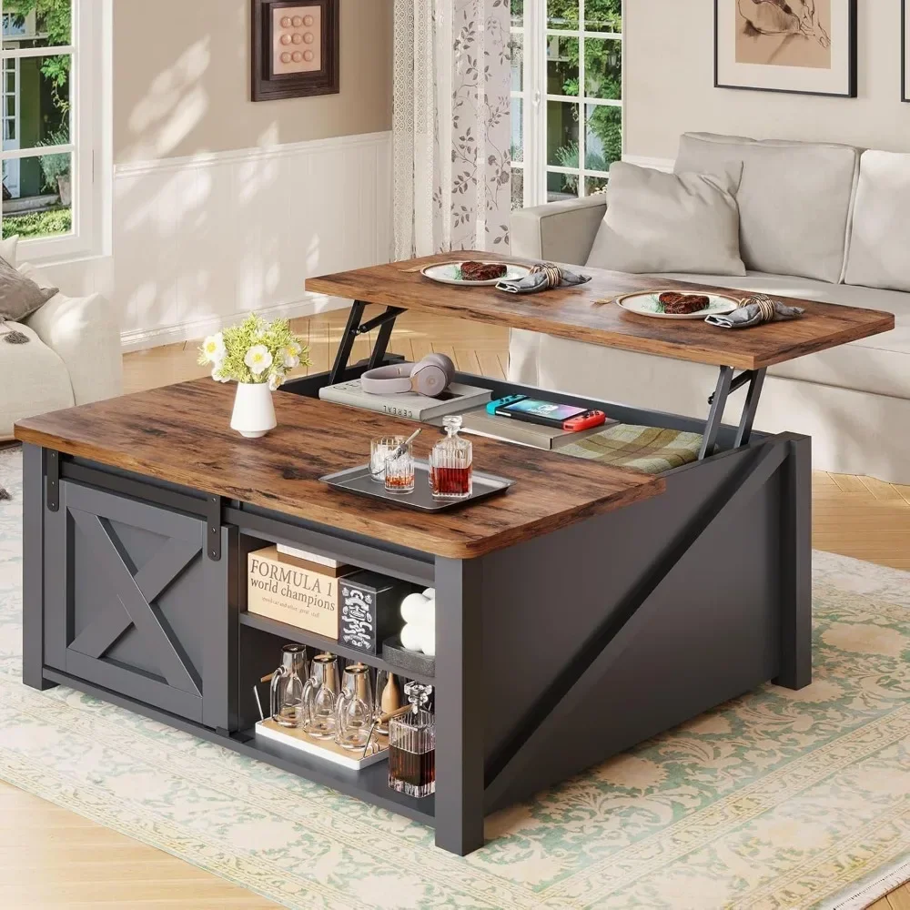 Lift Top Coffee Table with Storage, Square Coffee Table with Hidden Storage Compartment and Adjustable Shelves for Living Room