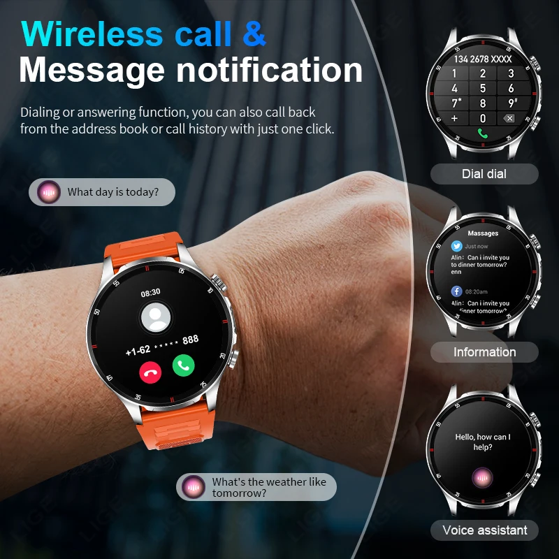 LIGE New Men's Voice Calling Smart Watch Outdoor LED Flashlight 100+ Sport Fitness IP68 Smart Watch Health Monitoring Wristwatch
