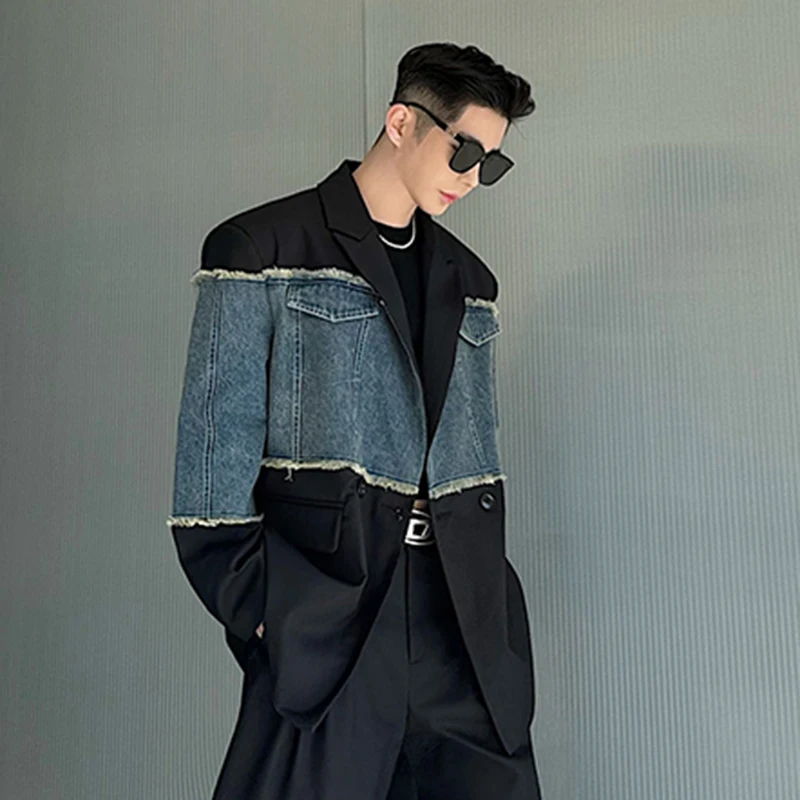 IEFB Patchwork Men's Suit Jacket Spring Deconstructed Washed Denim Spliced Male Lapel Blazer Contrast Color Top 9C5170