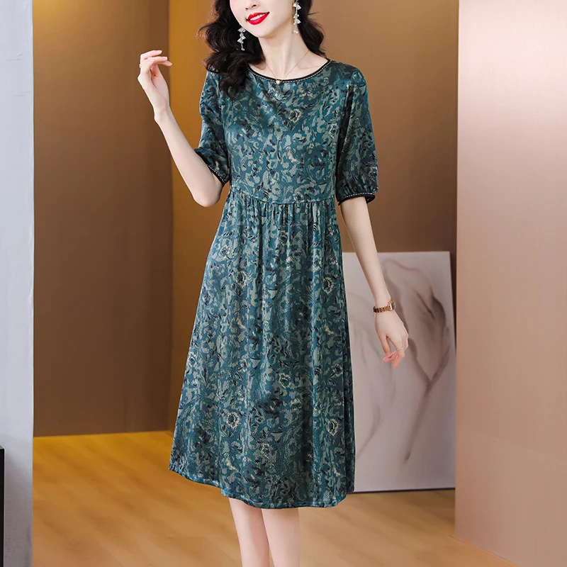여성 녹색 인쇄 멀 베리 실크 미디 드레스 여름 한국 빈티지 캐주얼 파티 Vestidos 2024 새로운 우아한 느슨한 플러스 사이즈 드레스