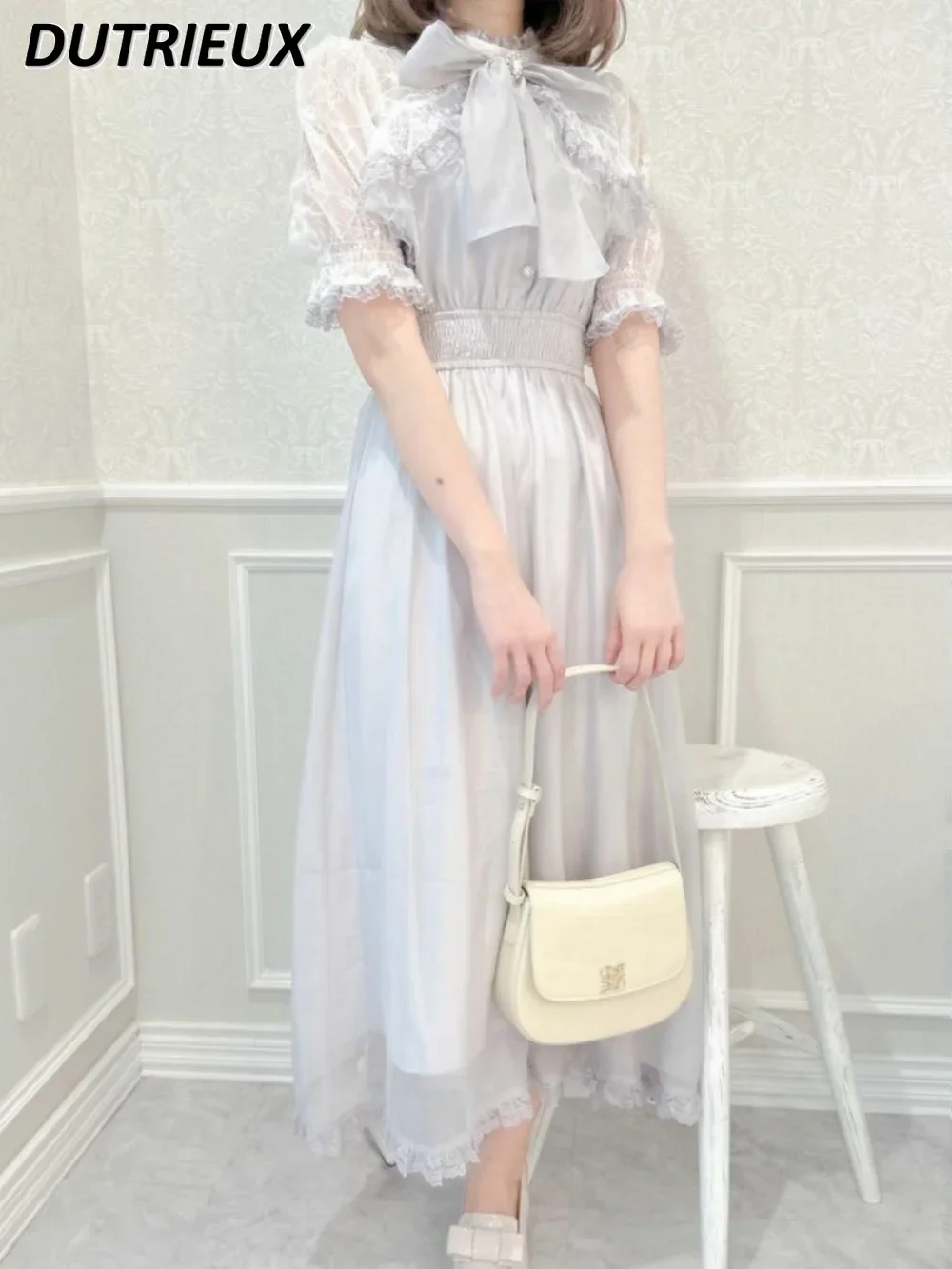 

Mine Rojita Sweet Girl Waist-Tight Dress Lace Japanese Style Long Mass-Produced Elegant Short Sleeve Large Swing Dresses