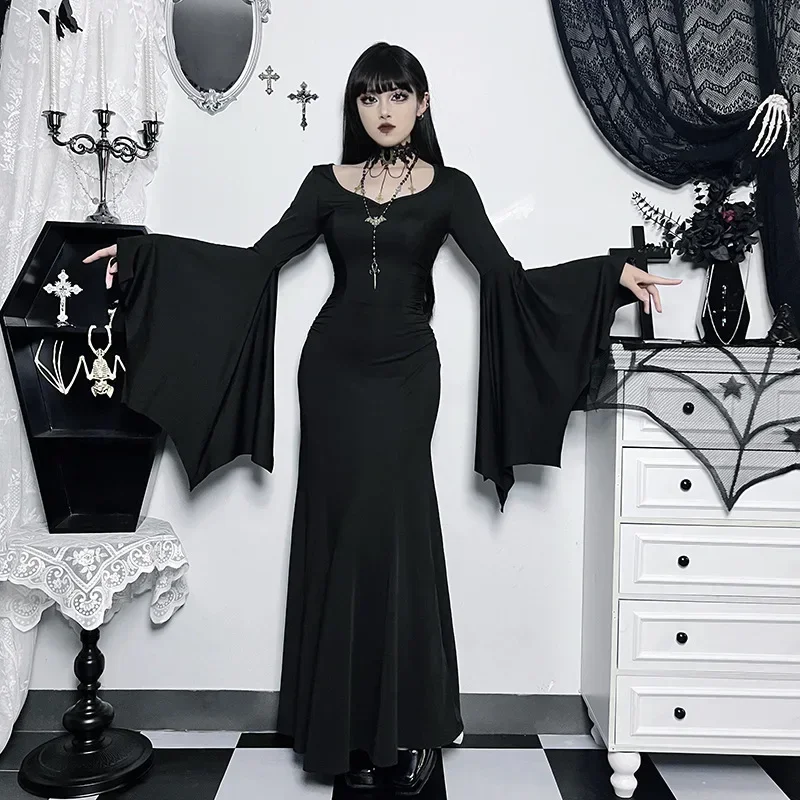 Halloween Costume Women Batwing Sleeve Floor Dress Black Gothic Evil Terror Maxi Mistress Morticia Addam Family Outfit For Adult 3