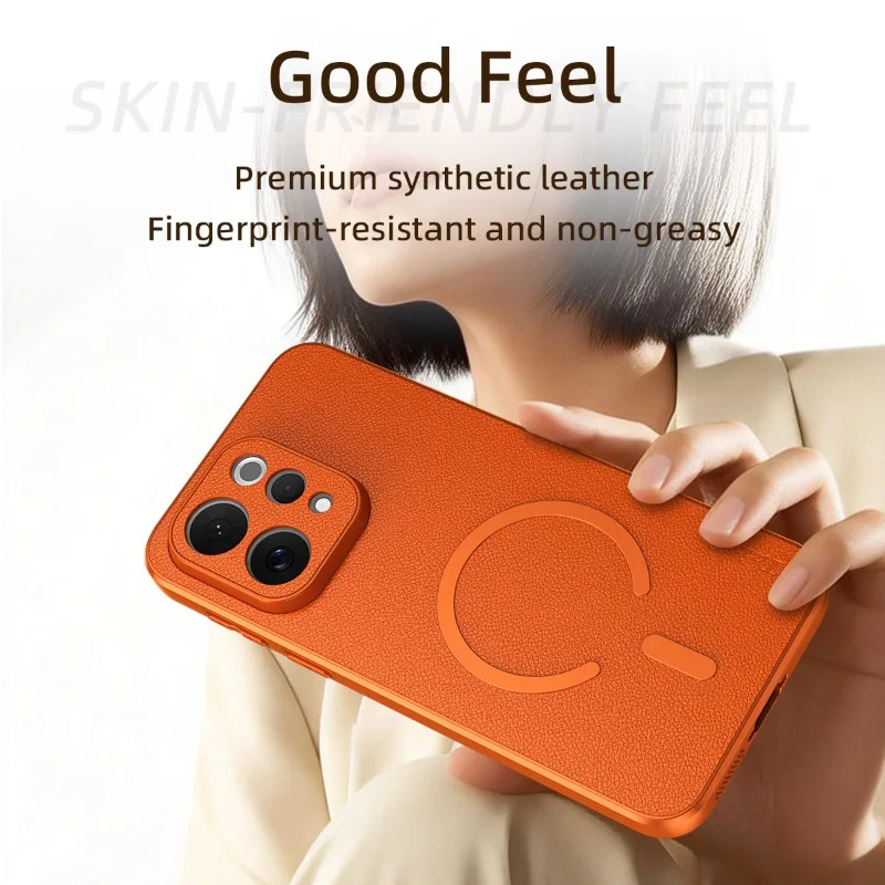 Premium Goatskin Leather Magnetic Wireless Charging Shockproof Case with TPU Soft Frame