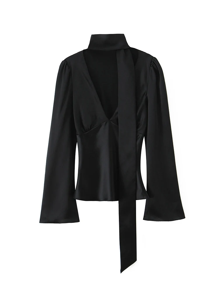 Spring New Women V-neck Shirt Elegant Flare Long-sleeved Shirt Fashion Casual Office Lady Scarf Fashion Shirt Women Clothing