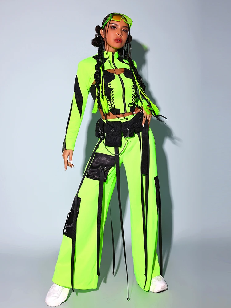 

Новый дизайн, зеленый топ и брюки для танцев ночного клуба, костюм для выступлений для женщин