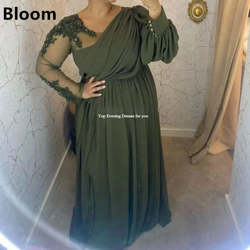 

Long Sleeves Chiffon Evening Dresses Lace Appliques Formal Dress A-line Green Evening Gowns Vestidos De Noche Prom Gowns