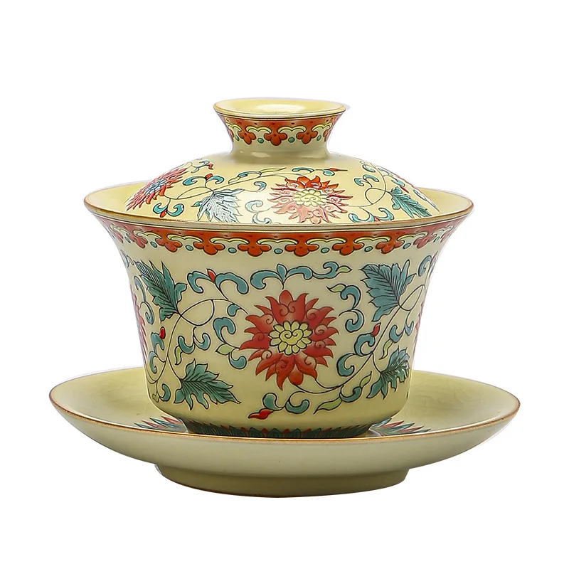 Handmade Retro Gracked Glaze Ceramic Tea Bowl, Large Beige Ru Ware Gaiwan, Kung Fu Tea Set, Making Device, 170ml