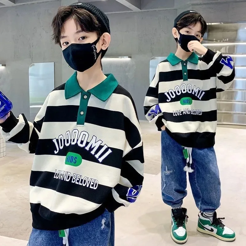 Sweatshirt Pullover Tops Jumper Boys School Kids 7-16 Yrs Cotton Contrast Striped Alphabet Turtleneck kids hoodie sweatshirts