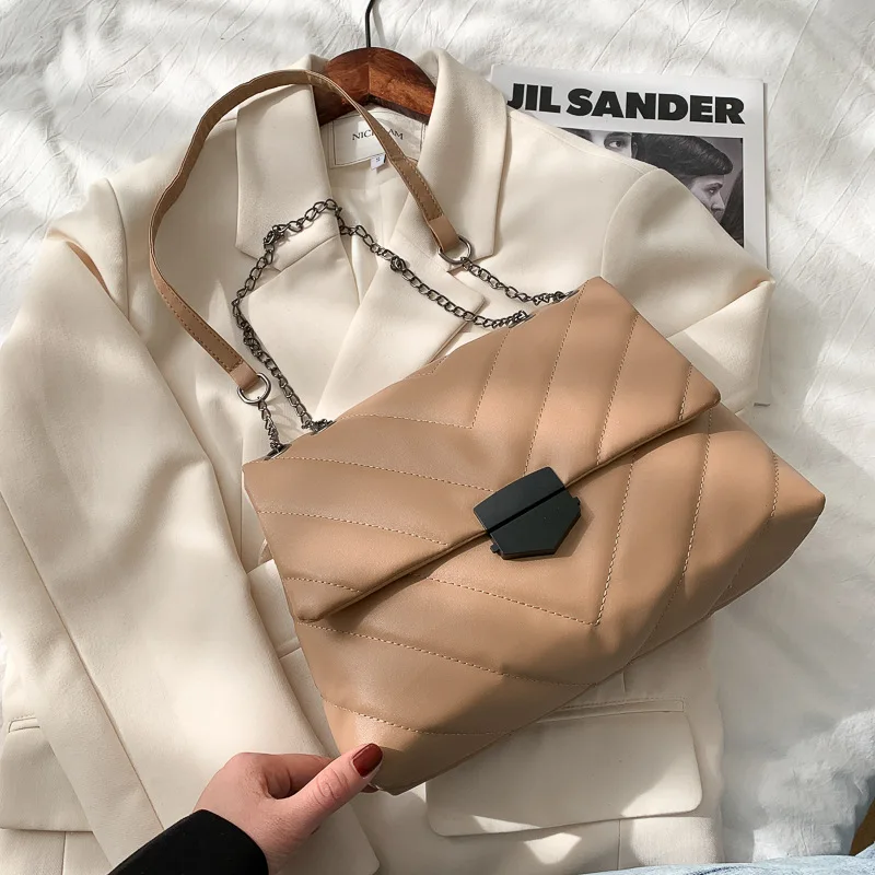 Fashion Trend Pattern Chain Underarm Shoulder Bags for Women Solid Color Casual Retro PU Leather Ladies Crossbody Bags Handbags